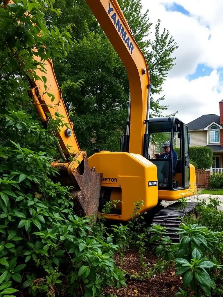 A Yanmar excavator equipped with a brush cutter clearing thick underbrush on a residential lot, demonstrating Hendersons Construction LLC's brush removal capabilities.