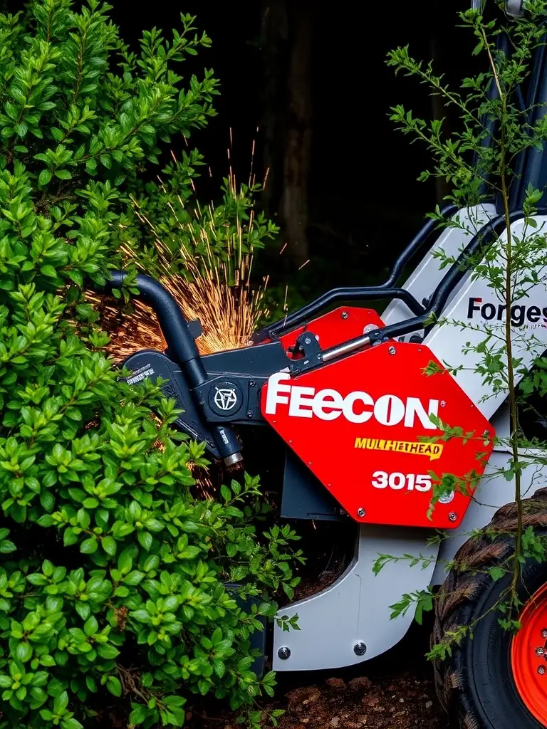 A high-resolution image of a Fecon forestry mulching head attached to a skid-steer, clearing dense vegetation in a wooded area. The image should highlight the power and efficiency of the equipment.