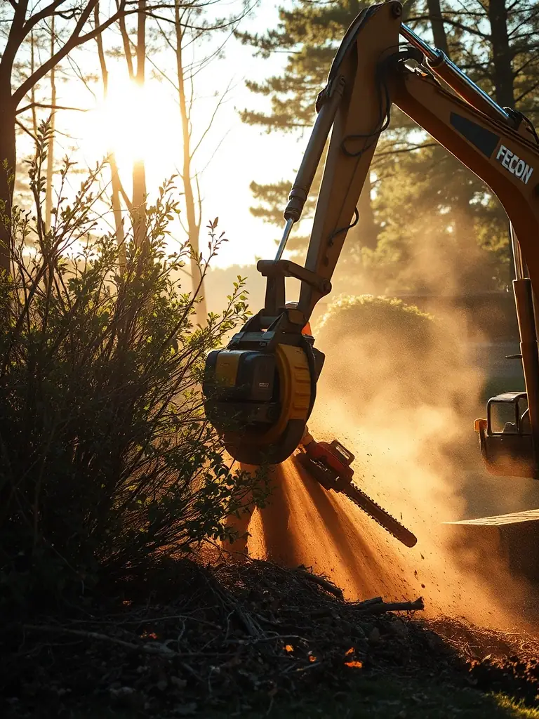 A professional operator using a Fecon mulching head to clear dense brush and trees on a residential property, showcasing Hendersons Construction LLC's forestry mulching service.