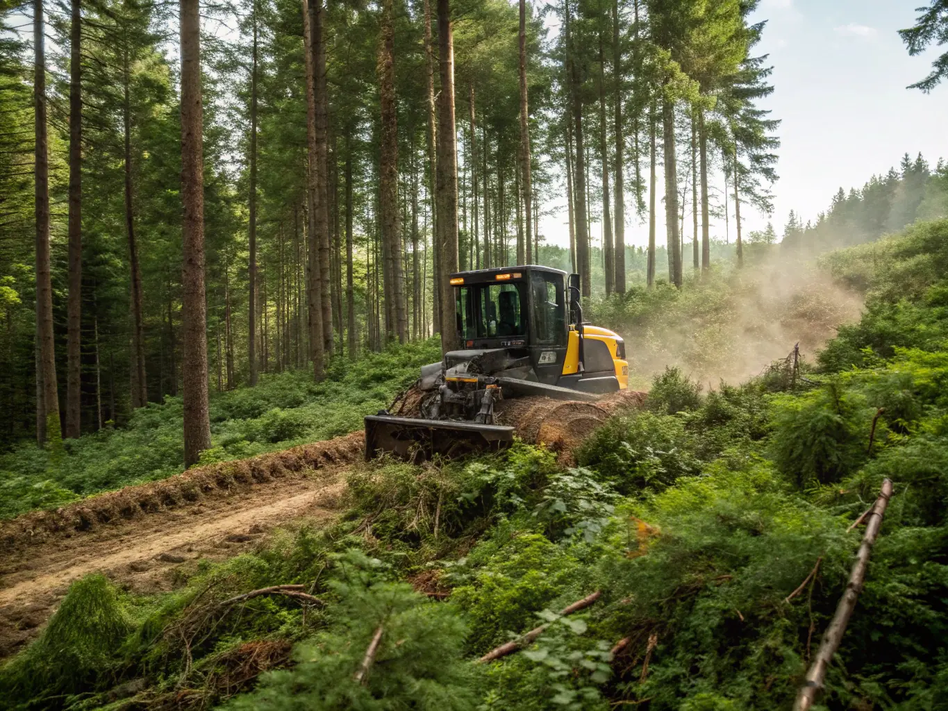 A Fecon forestry mulcher clearing dense underbrush in a residential area, showcasing the efficient transformation of overgrown land into usable space.
