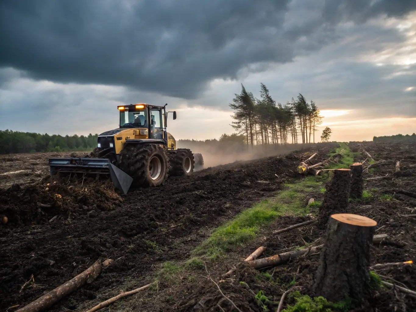 A Fecon forestry mulcher clearing dense vegetation in a residential area, showcasing the equipment's efficiency and the resulting mulch.