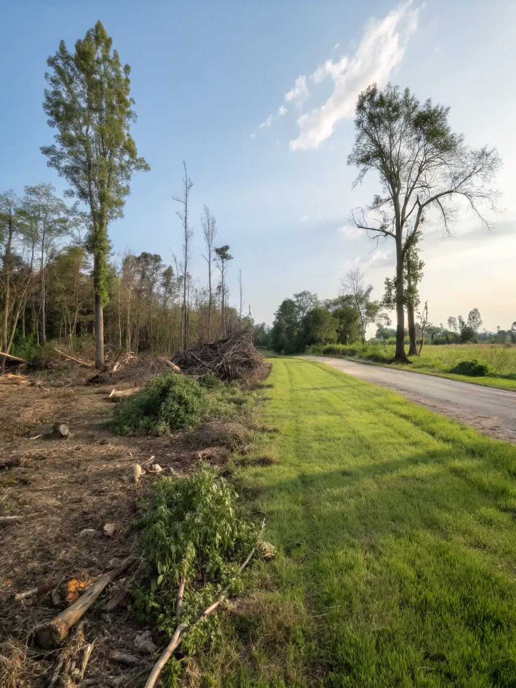 A before-and-after shot of a property transformed by Hendersons Construction LLC, showcasing the impact of their land clearing services on a residential lot.