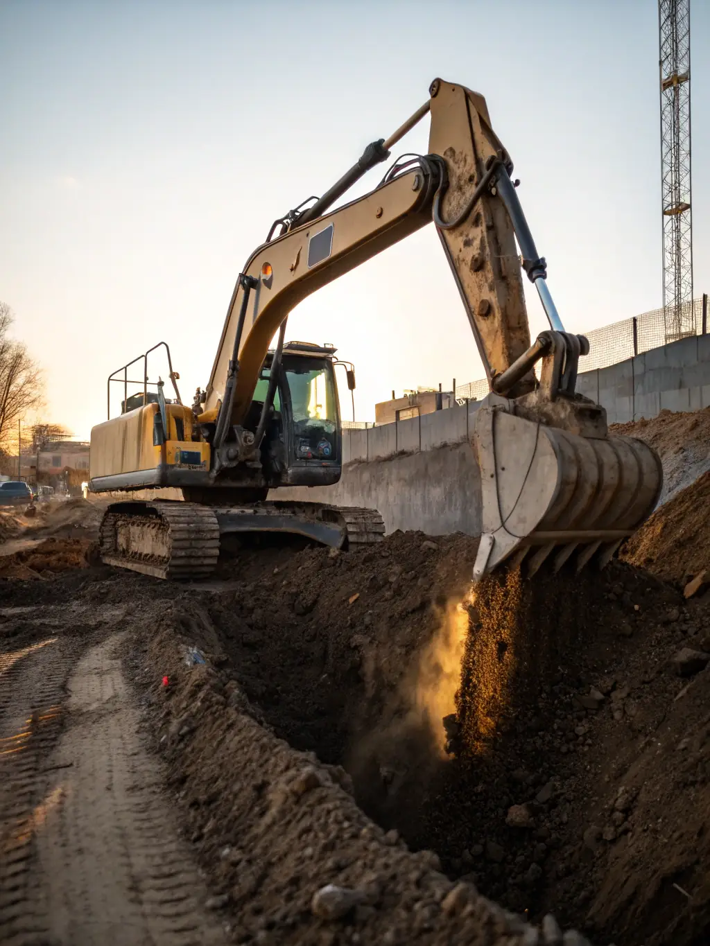 A detailed shot of a Yanmar excavator clearing brush on a residential property. The excavator should be shown in action, demonstrating its maneuverability and power.